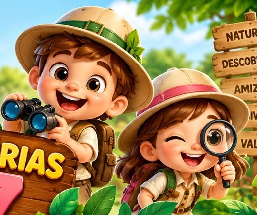 Crianças exploradoras com binóculo e lupa