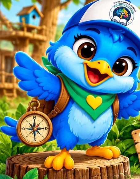 Zelo, o sabiá mascote da escola, vestido de explorador